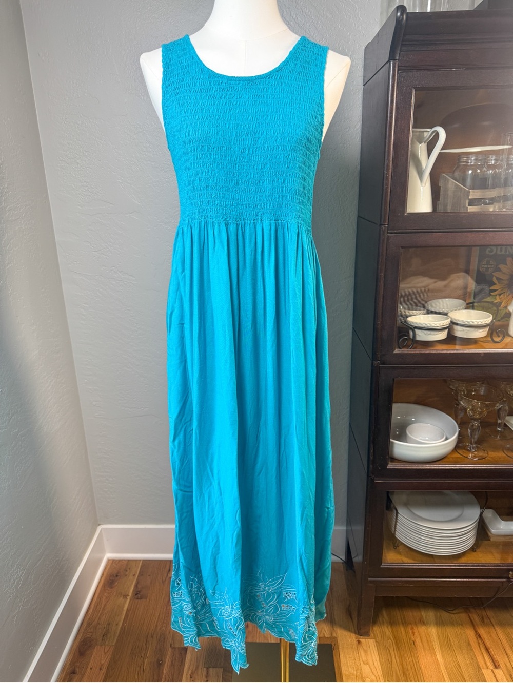 Jane Ashley Turquoise Smocked Maxi Dress Boho Embroidered Hem Size XL